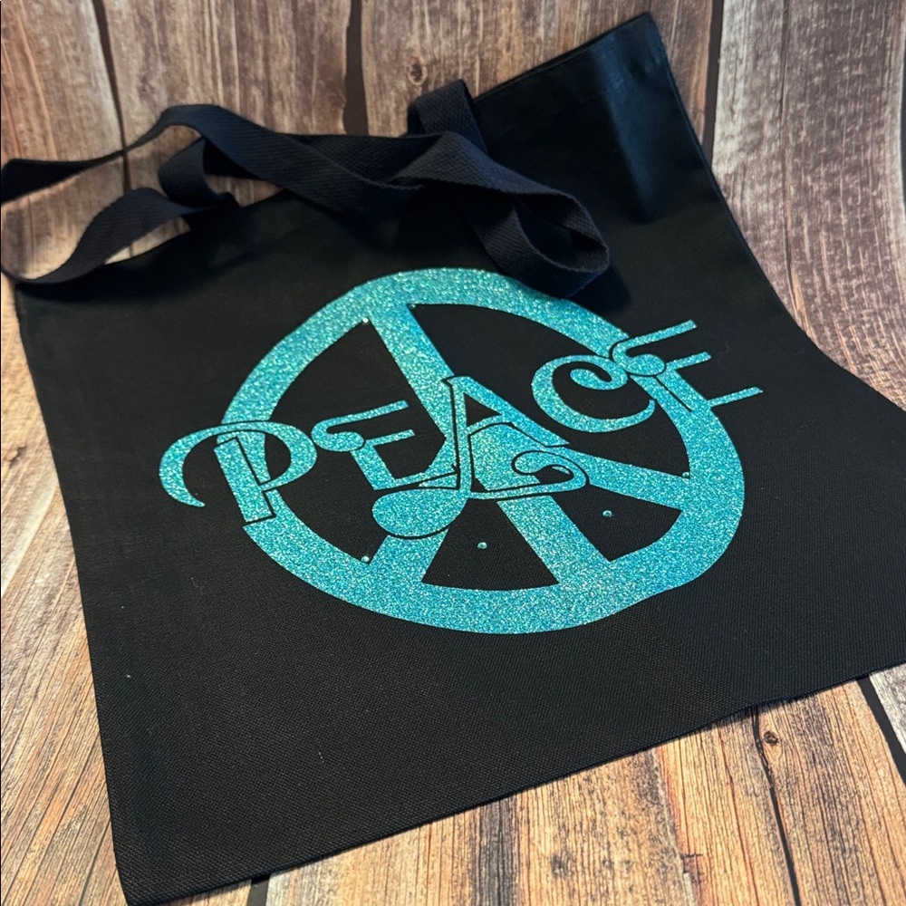 NEW 14”x15” Black Canvas Tote Bag with Peace Sign Design Item #PHK4846